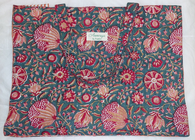 Grand sac cabas vert, rouge, rose en coton imprimé à la main au block print - Doublure en coton rayé - Tote bag - Confectionné en Inde
