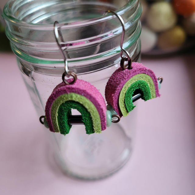 Leather Rainbow Drop Earrings - Pink/Lime/Emerald