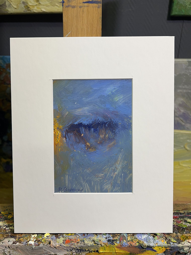 Fragment 800 „Blaue Stille“ von Rostyslav Voronko – Ölstudie in Blau aus der Serie „Das Land und die Menschen“, 2024