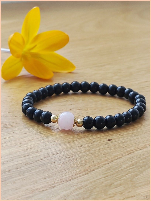 Bracelet 6 et 8mm - Agate noire / Quartz rose