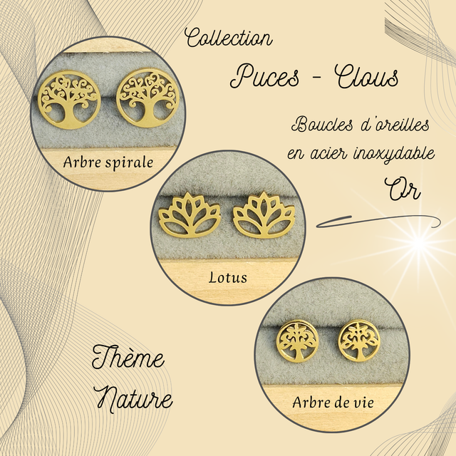 Clous d&#039;oreilles - Thème Nature - Acier Or