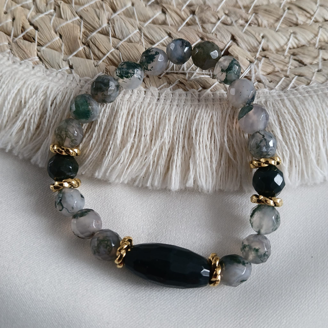 Dames armband Mosagaat met goudkleurige RVS – elastisch (1.310)