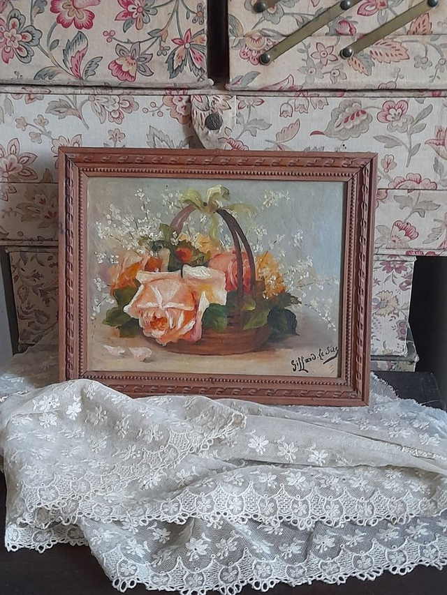 Peinture ancienne panier de roses 
