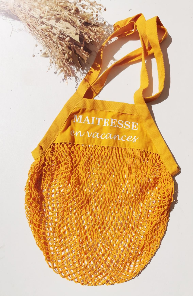 Sac filet &quot;maîtresse en vacances&quot; jaune