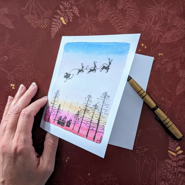 Carte de voeux aquarelle traîneau du père Noël - divers modèles