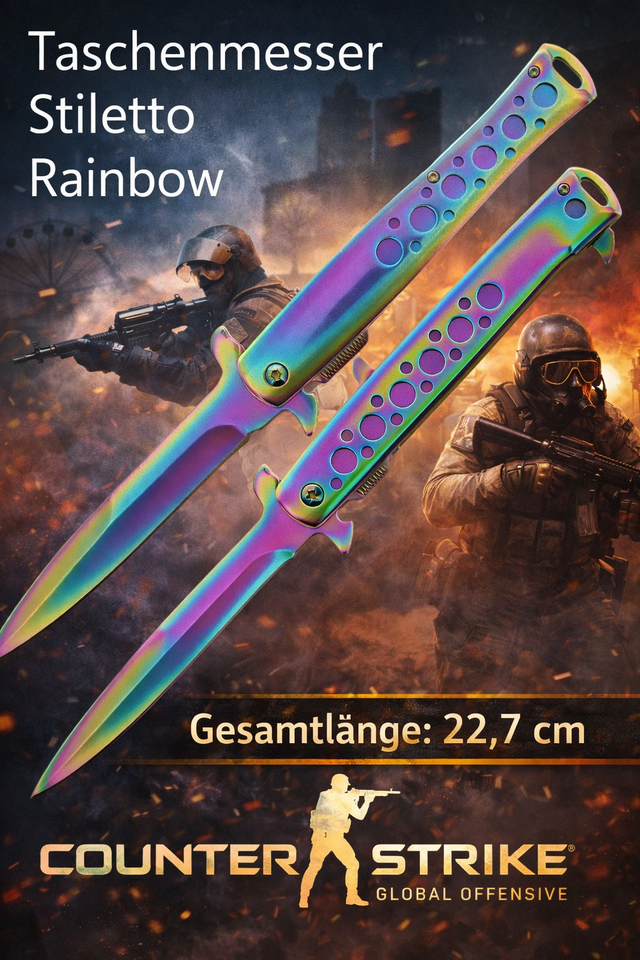 NEU Taschenmesser Rainbow im Stiletto Stil für Camping Outdoor Survival Angeln Jäger Zelten Sammler Gamer Counterstrike CSGO CS2 Merch