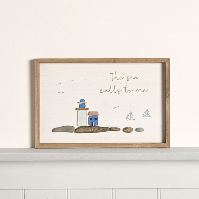 Coastal Lighthouse Sea Glass Framed Plaque – “The Sea Calls to Me” 30cm