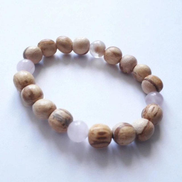 Rose Quartz, Flower Agate and Palo Santo Aromatherapy Bracelet 