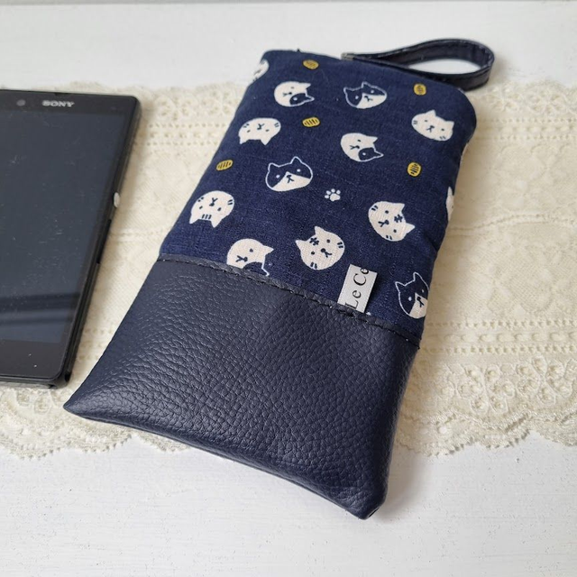 Etui zippé pour smartphone "Koneko" simili cuir bleu marine