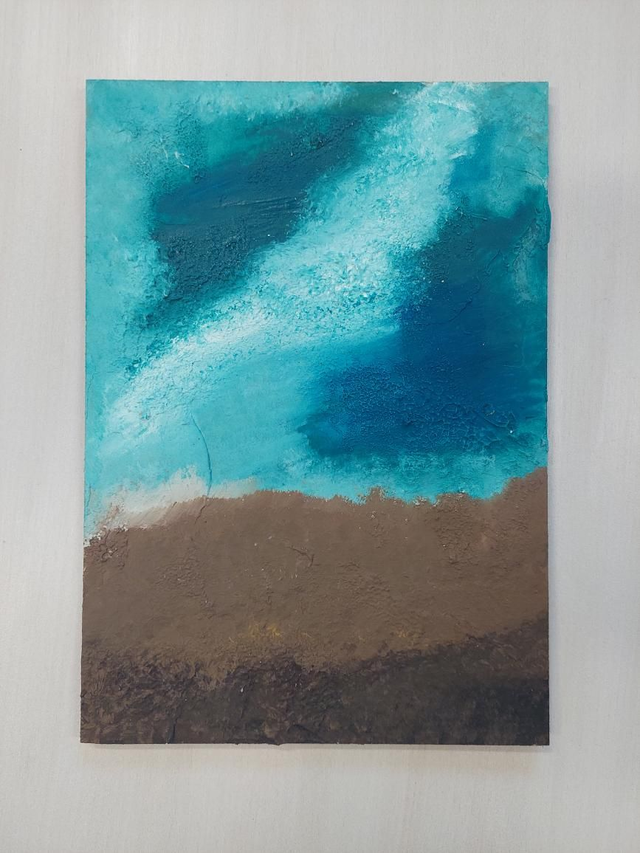 Merelle Akryyli, sekatekniikka, canvas Koko: 21 x 30 cm Syvänsininen kuin meren kuohut. 