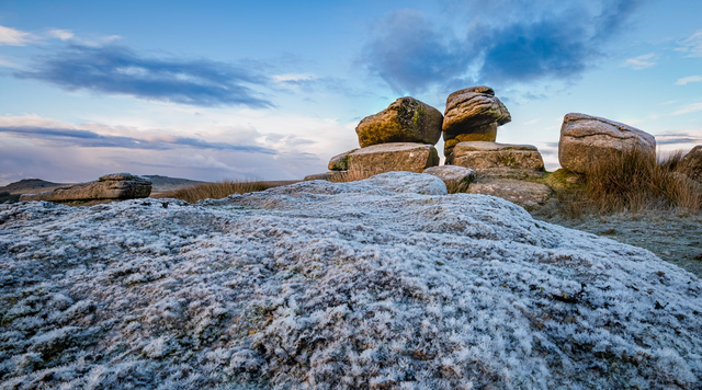 Frosty Black Tor - Dartmoor, Devon. A6 photographic greeting card. Blank inside for your own message.