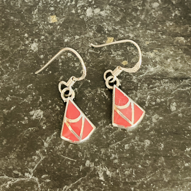 Enamel Fan Shape Drop Hook Earrings in Sterling Silver