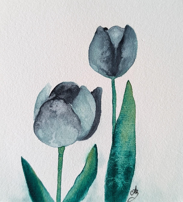 Tulipes bleues • Aquarelle originale encadrée