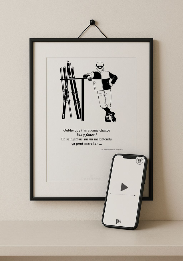 Affiche minimaliste connectée cinéma Les bronzés font du ski | Vas-y fonce ! (Audio ou Vidéo inclus)