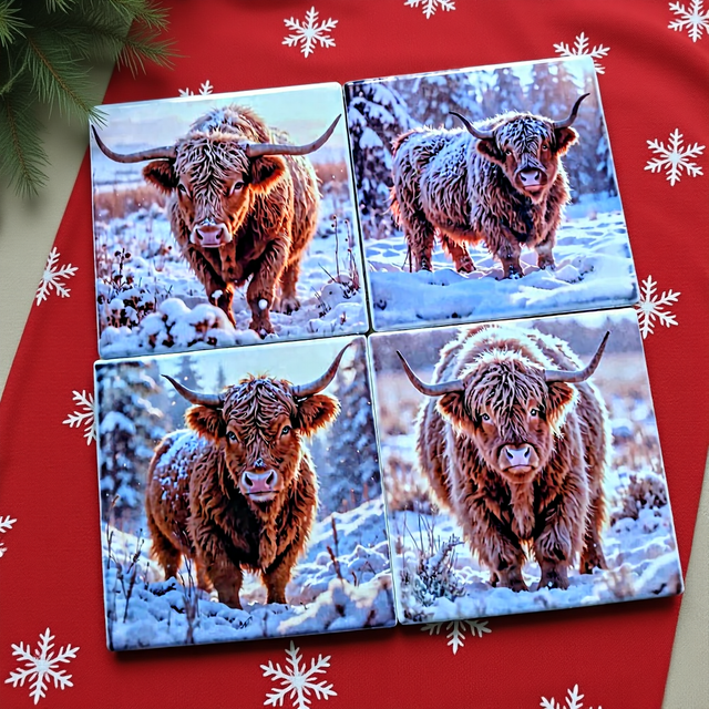 A set of four coasters with highland cattle set in a winter scene