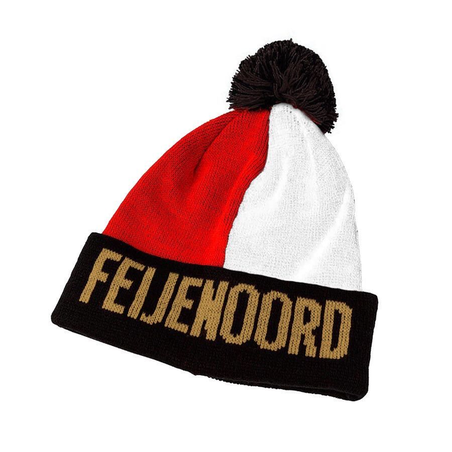 Klassieke Feijenoord muts – Rood/Wit met zwarte omslag en pompon