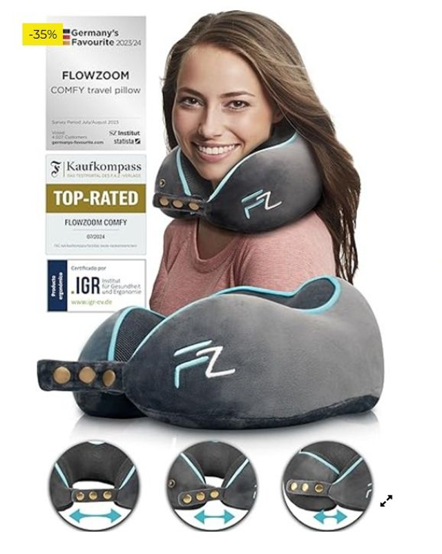 FLOWZOOM Comfy Almohada de Viaje Viscoelástica – Soporte Ajustable 360°, Funda de Felpa Suave y Lavable, con Bolsa Compacta