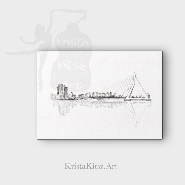 Skyline Rotterdam tekening |  A5 of A4 formaat | liggende print | pen tekening Erasmusbrug
