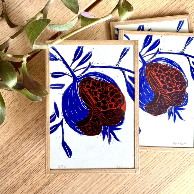 Pomme grenade bleu outre-mer et rouge - petit cadre 10x15