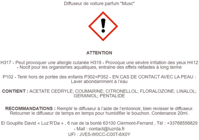 Diffuseur de parfum pour voiture "Musc"