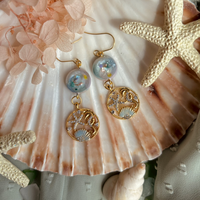 Circular Hook Earrings with Enamel Charms and Abalone Shell
