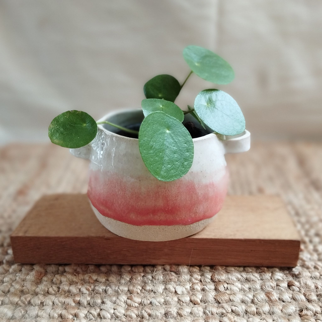 Petit cache-pot, argile blanc, émail blanc et rose