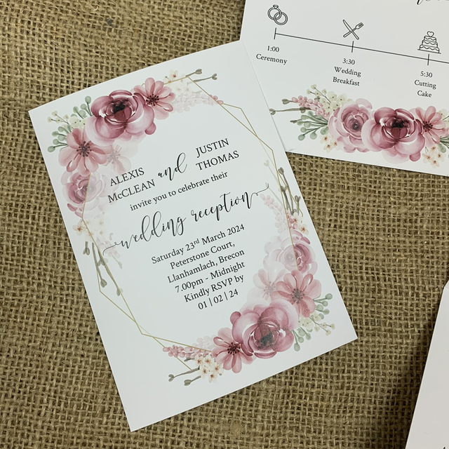 dusky pink florals design - Pack of A6 evening wedding reception invitations