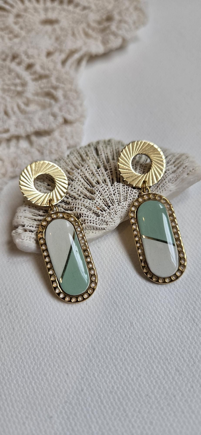 Paire de boucles d'oreilles - porcelaine Badonviller - acier inoxydable doré
