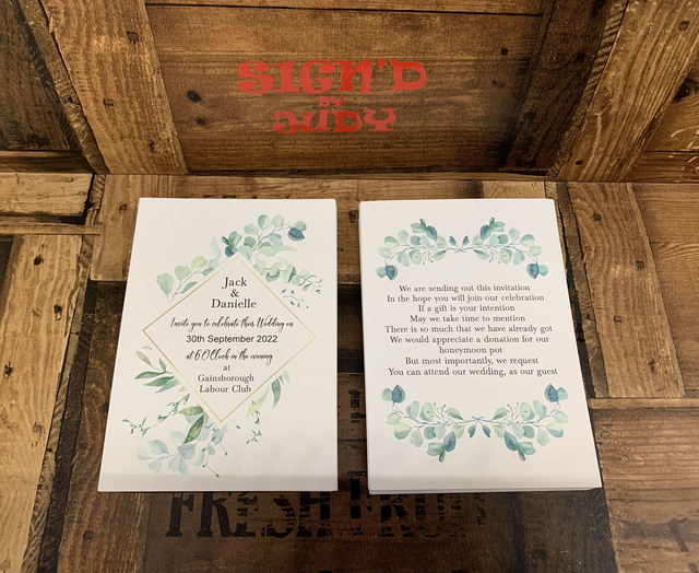 Square gold frame with eucalyptus leaves wedding invites x 10