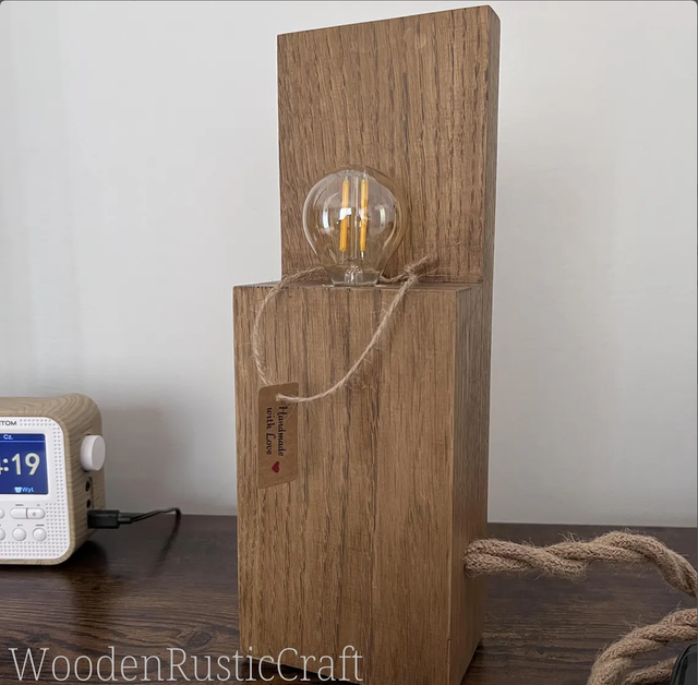 Rustic Oak Farmhouse Lamp with Jute Cord