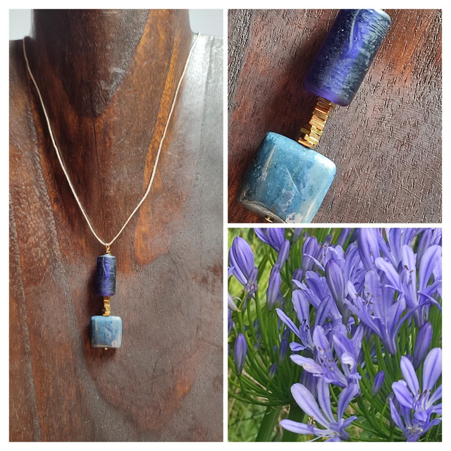 Collier sodalite ( pierres naturelles) et verre trempé bleu marine monté sur fil de lin réglable avec chaîne d&#039;extension, pièce unique 