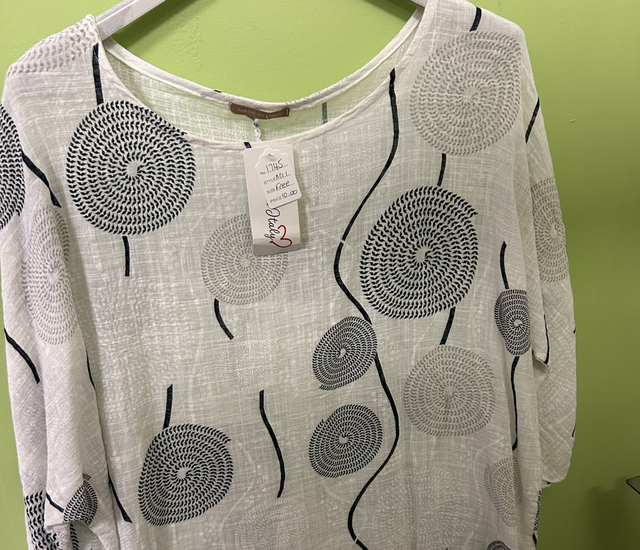 LMF - White Linen Top with Black & Grey Lines Pattern - Free Size - 1918