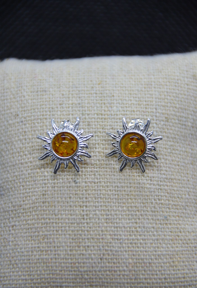 Boucles d&#039;oreilles en ambre &amp; argent forme soleil
