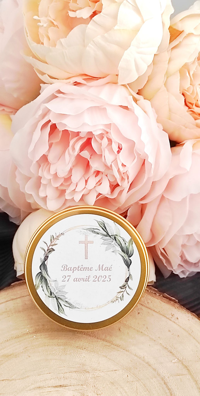 Bougie boîte métallique cadeau invités baptême