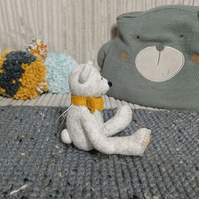 Prince. Miniature size, handmade teddy bear. UKCA. Tray base packaging. Standard Wool Felt. Beige. Mustard. Grey. Sand.