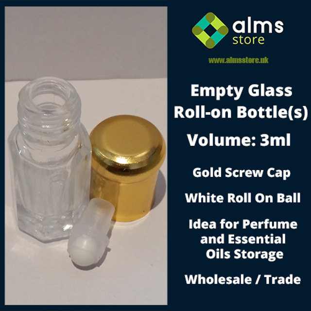 Empty 3ml Glass Bottle with Roll on + Gold Screw Cap