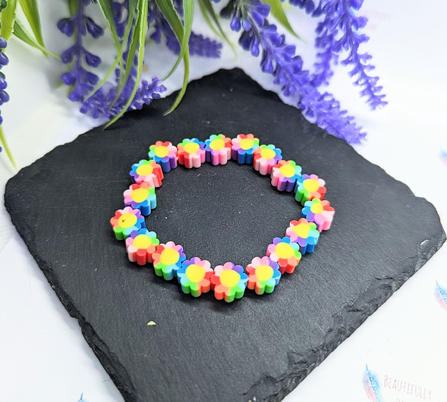 Rainbow Flower Shaped Polymer Clay Beaded Children's Stretch Bracelet   