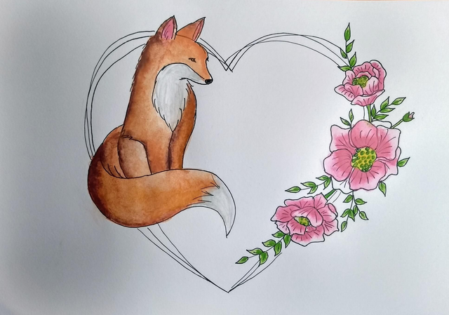 Aquarelle originale renard et fleurs 