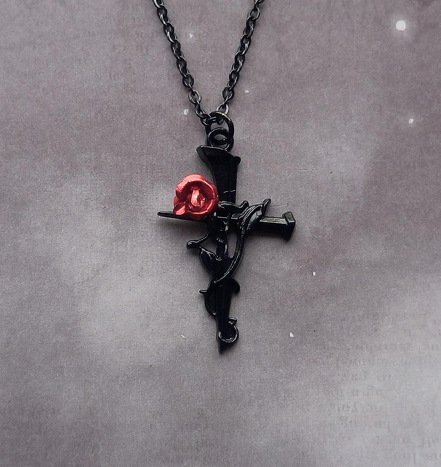 Black Cross with Red Rose Necklace 