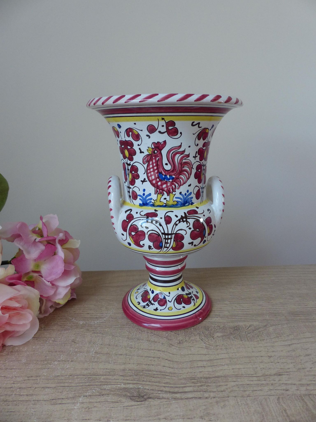 Vase en Céramique Coloré d’Italie Deruta l'Antica : Amphore aux Motifs de Fleurs et de Coq Rouge Peint Main Idéal Cadeau Décoration Maison
