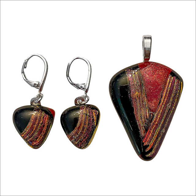 Pendant &amp; Earring set with black, red and gold dichroic glass (Ref P&amp;ES4)