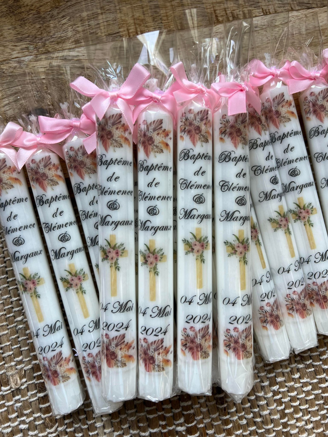 Bougie baptême communion profession de foi personnalisée croix fleurs