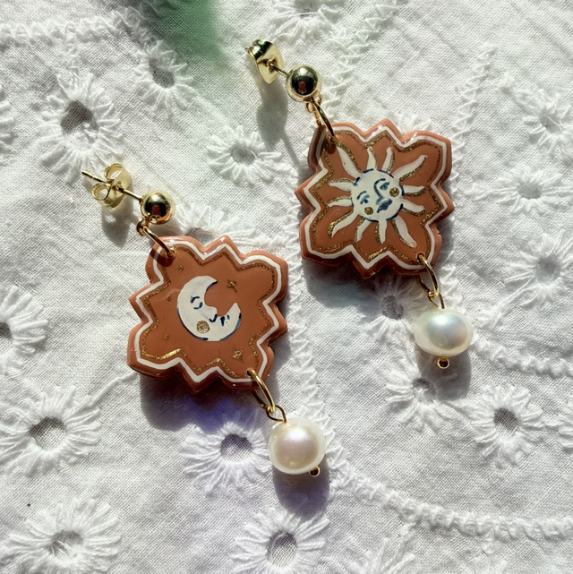 MIRA - Celestial Sun and Moon Earrings with Pearl