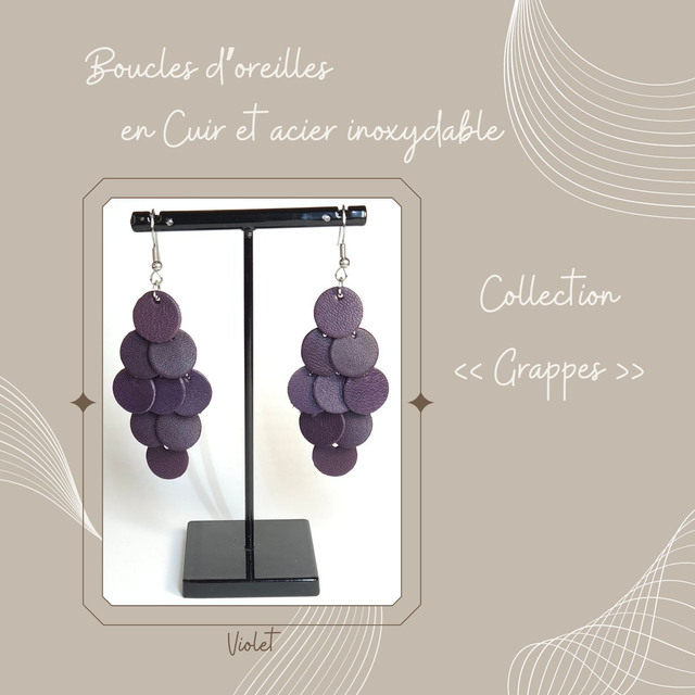 Boucles d&#039;oreilles Grappe en cuir - Violet