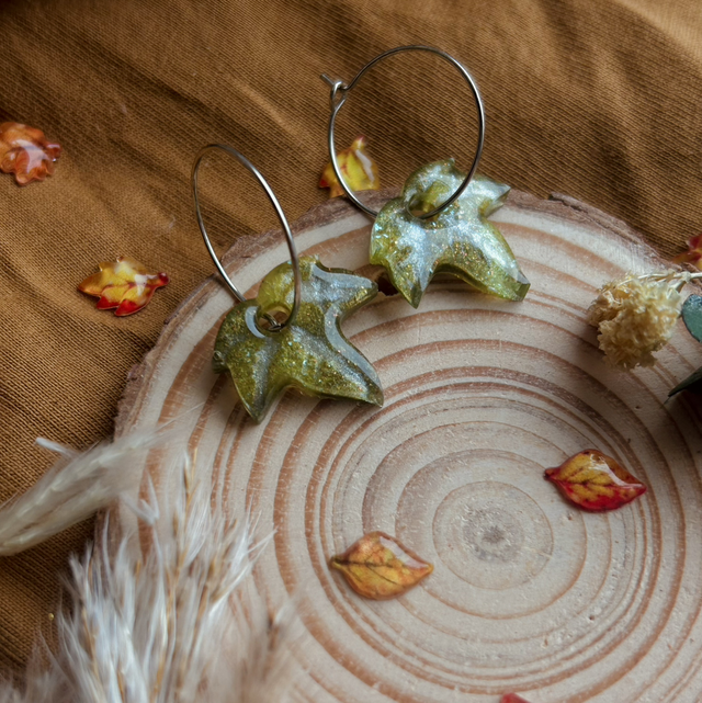 Green Ivy Leaf Hoop Earrings Stainless Steel 