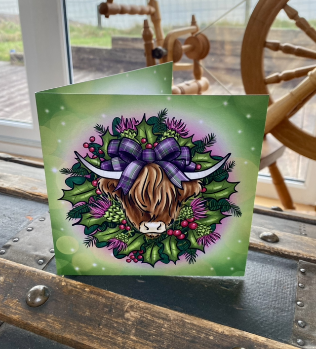 Highland Cow wreath Christmas card