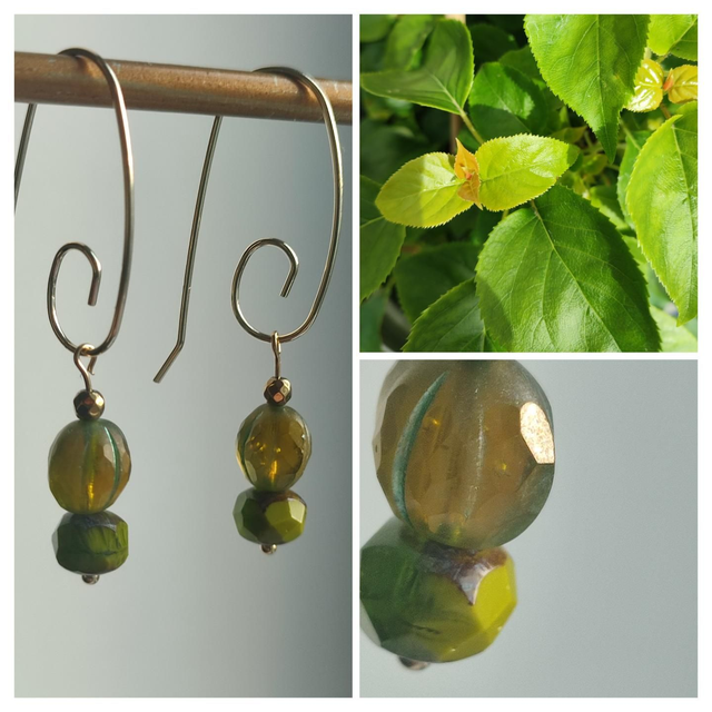 Z-Boucles d&#039;oreilles verre vert et hématite doré -sans nickel-