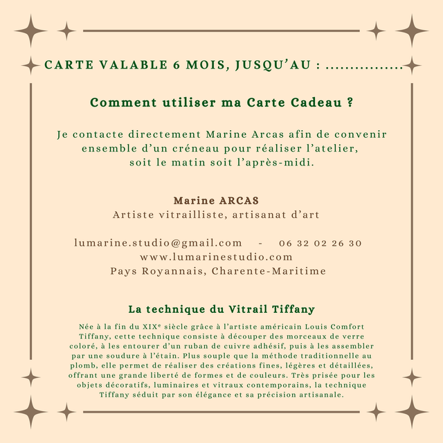 Carte cadeau "Atelier d'initiation au Vitrail Tiffany"