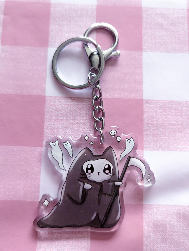 Grim Reaper Cat Keyring - cat gifts, spooky gift, cute keychain, kawaii keychain, cute gifts, unique gifts, unusual gifts, keychain charms