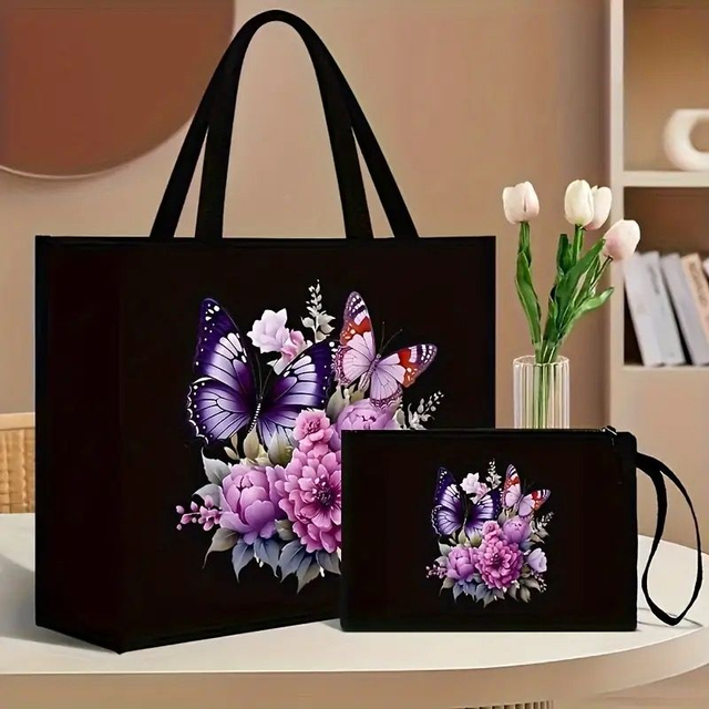 Ensemble Papillon Élégance - Fourre-Tout en Toile avec Portefeuille Assorti